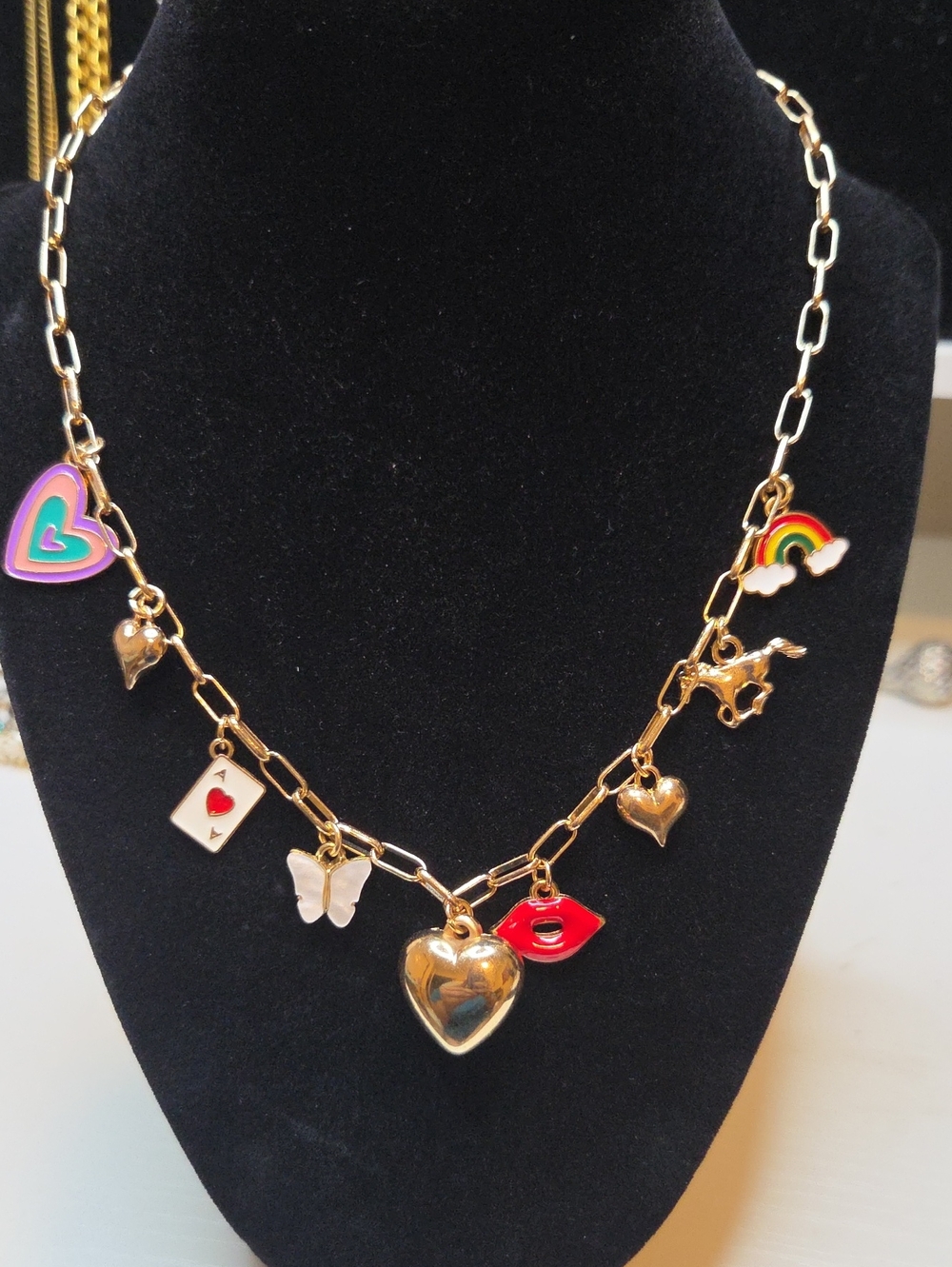 Gold Charm Link Necklace with Multicolor Enamel Charms